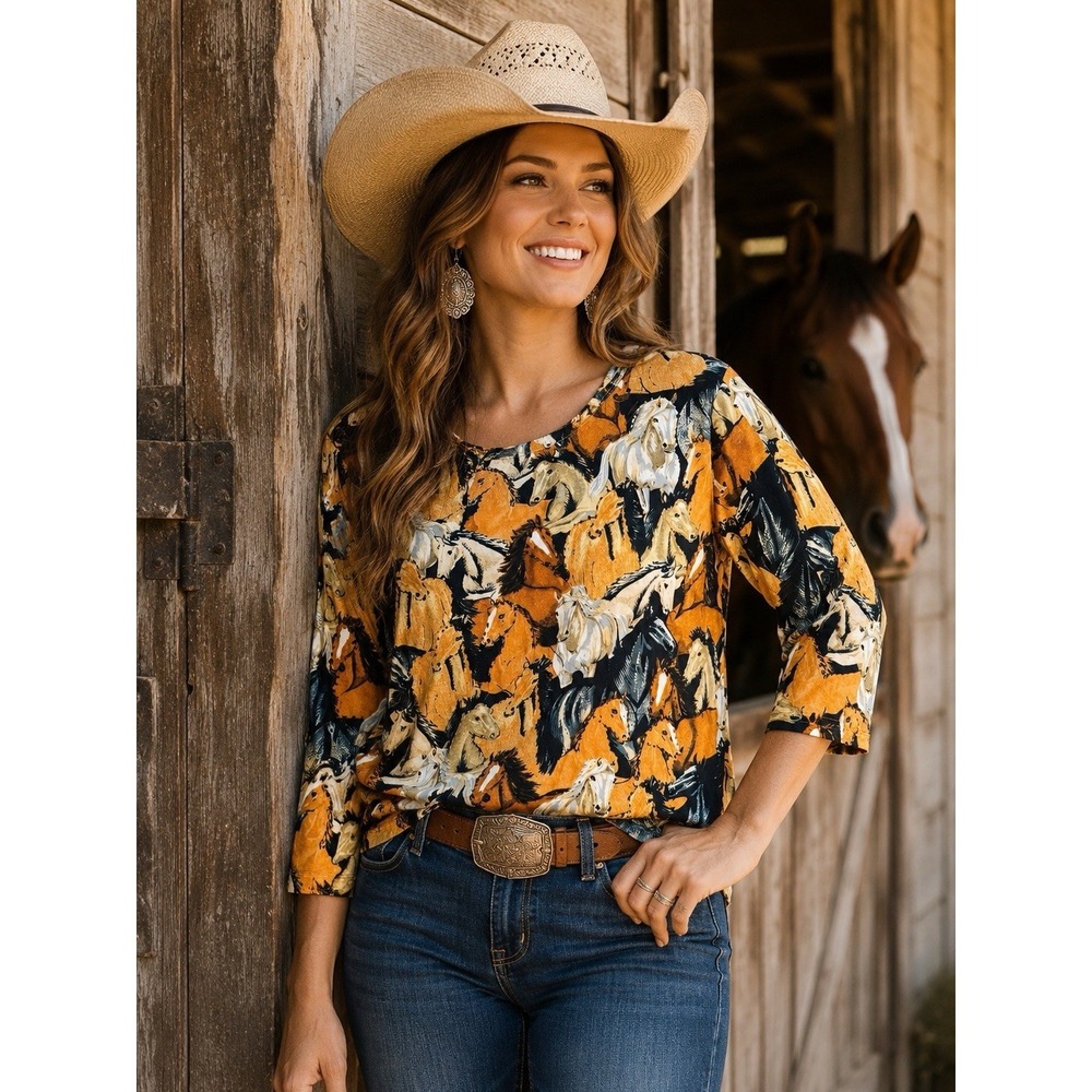 Take Two Clothing Co Horse Print Top Women's Large Western Ranch Rodeo